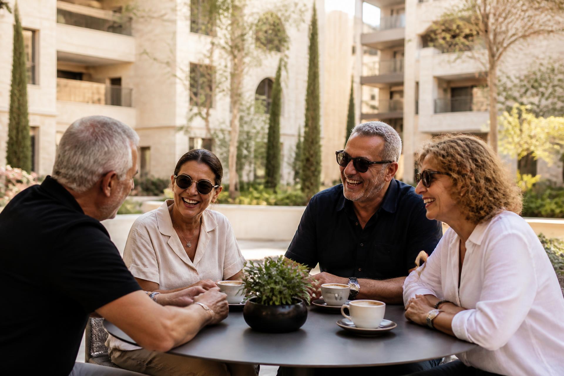 קבוצת אנשים בגילאי 55+ יושבים יחד לקפה בחצר מגורים ירוקה